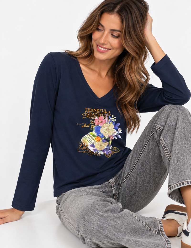 CAMISETA M/3/4 C/ PICO BORDADO